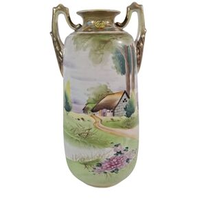 Antique Hand Painted Nippon Porcelain Double Handle Vase House Trees Flowers